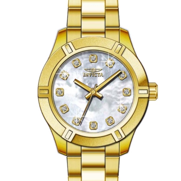 NWT Invicta Model 18324 gold ton  Lady Pro Diver with MOP face & crystal accents